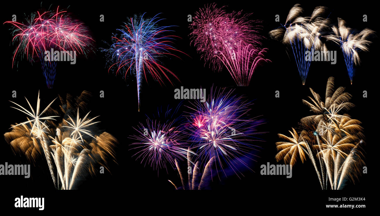 Un collage o compilazione di diversi fuochi d'artificio scoppio, isolati su sfondo nero in alta risoluzione Foto Stock