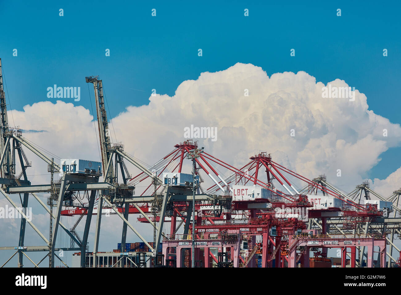 Contenitore di spedizione gru a Long Beach Container Terminal con torreggianti Cumulonimbus nuvole temporalesche in background. Foto Stock