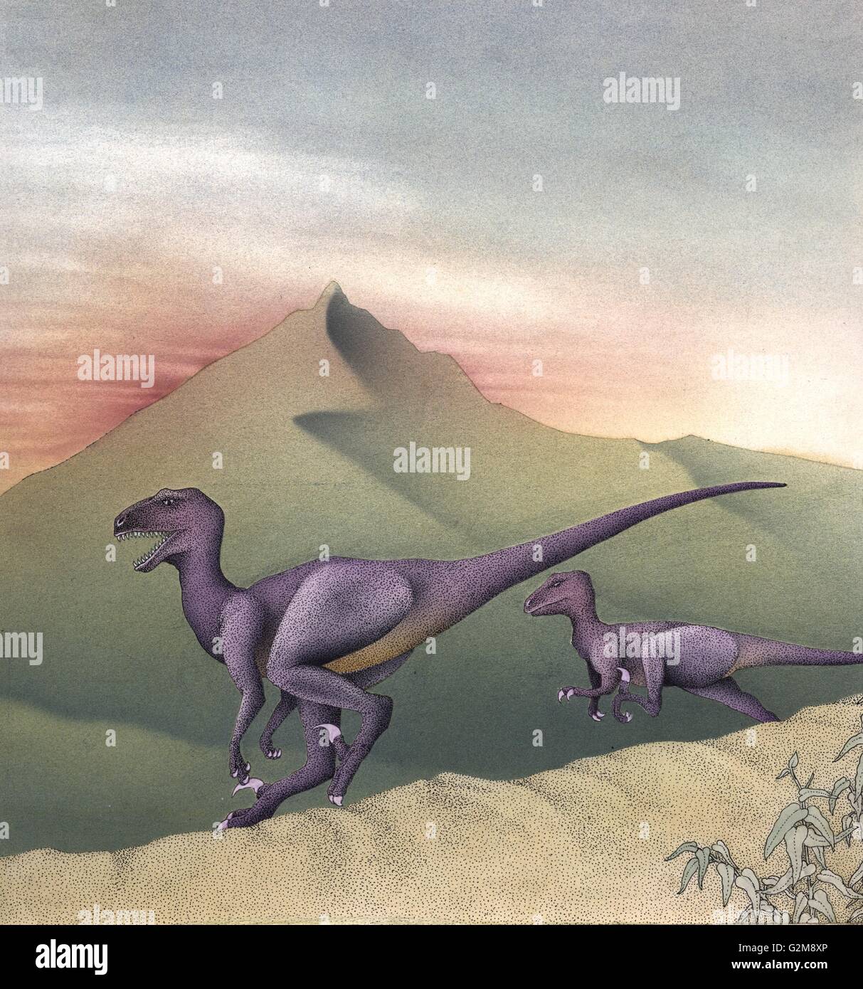 I dinosauri in esecuzione sulle colline Foto Stock