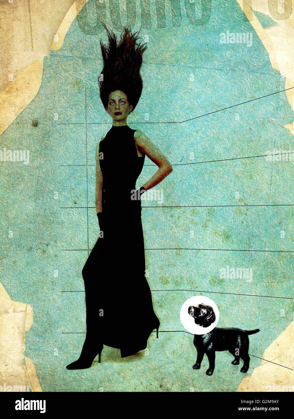 Donna in abito nero e il cane con un cono Foto Stock