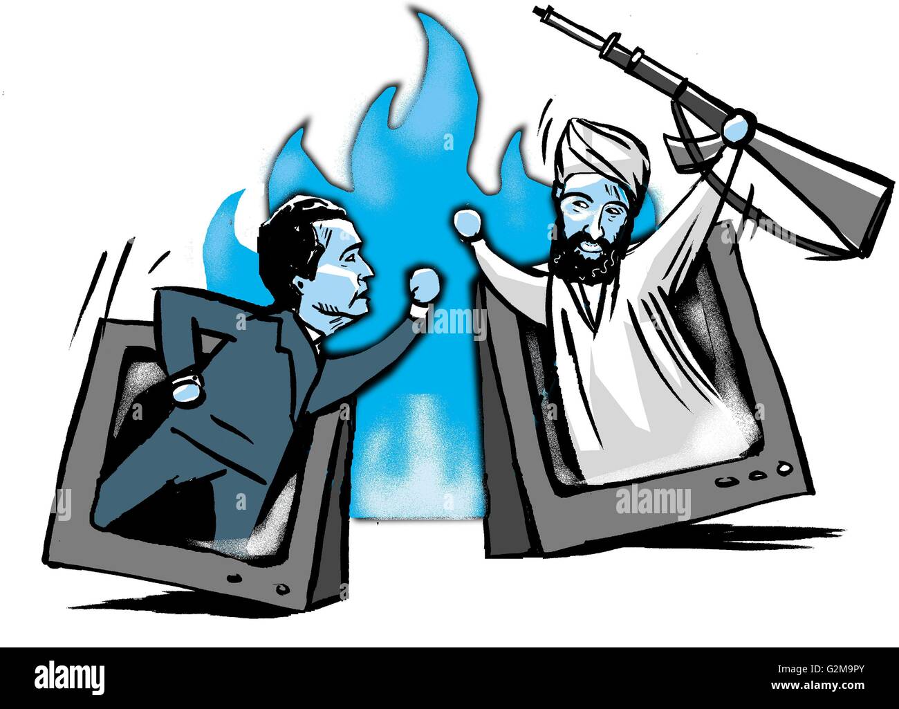 Uomo politico e islam lotta estremista spuntavano da schermi televisivi Foto Stock