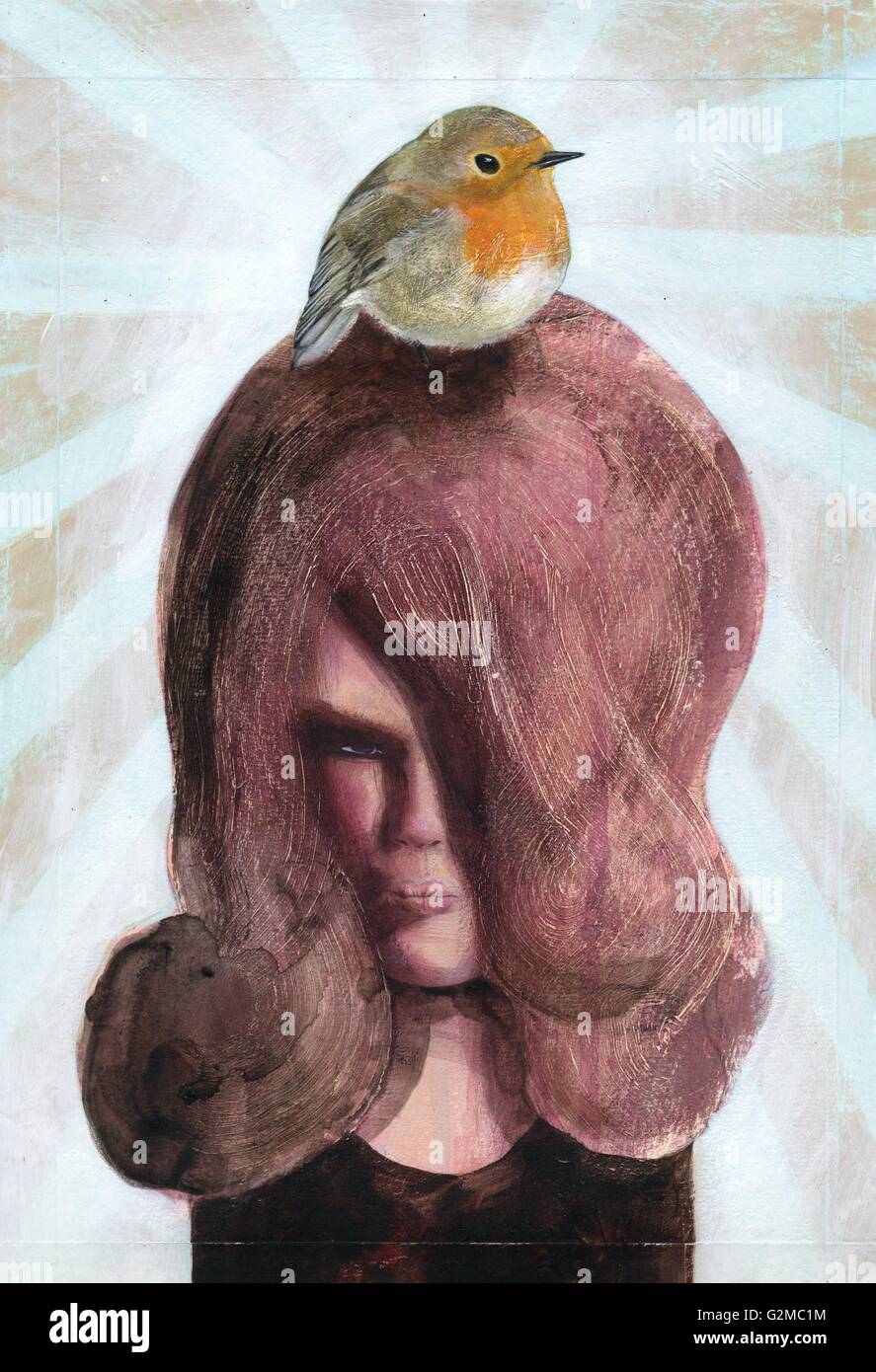 Donna con uccello sulla testa Foto Stock