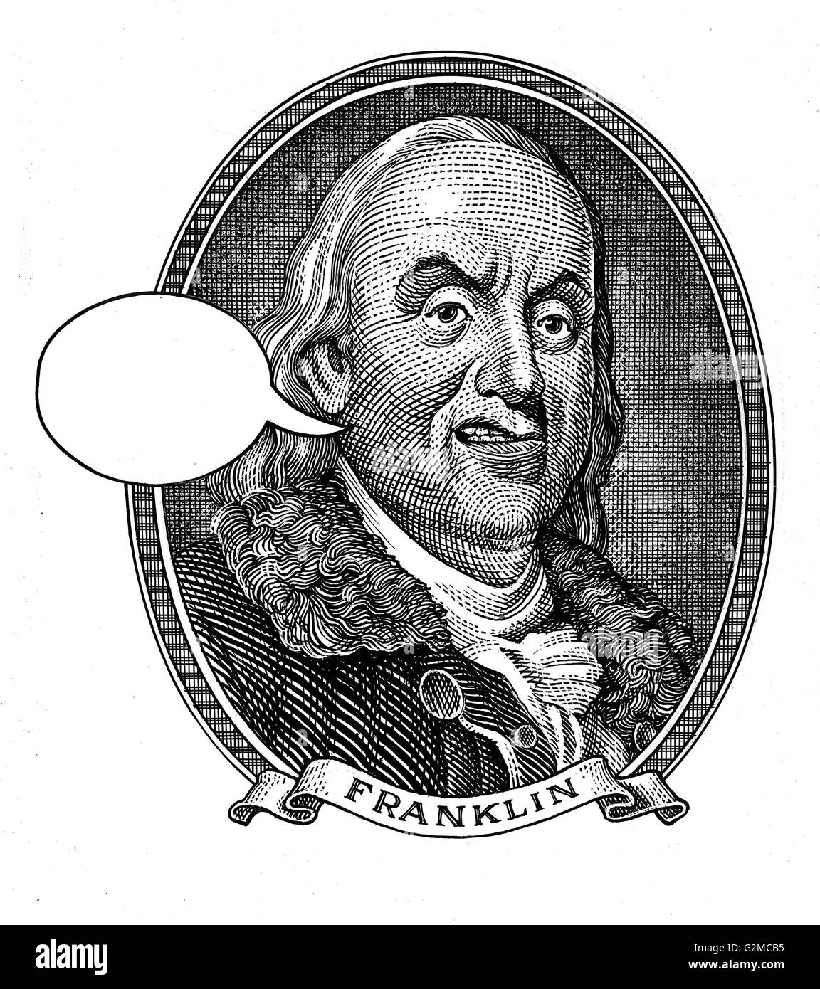 Ritratto di Benjamin Franklin con discorso bolla Foto Stock