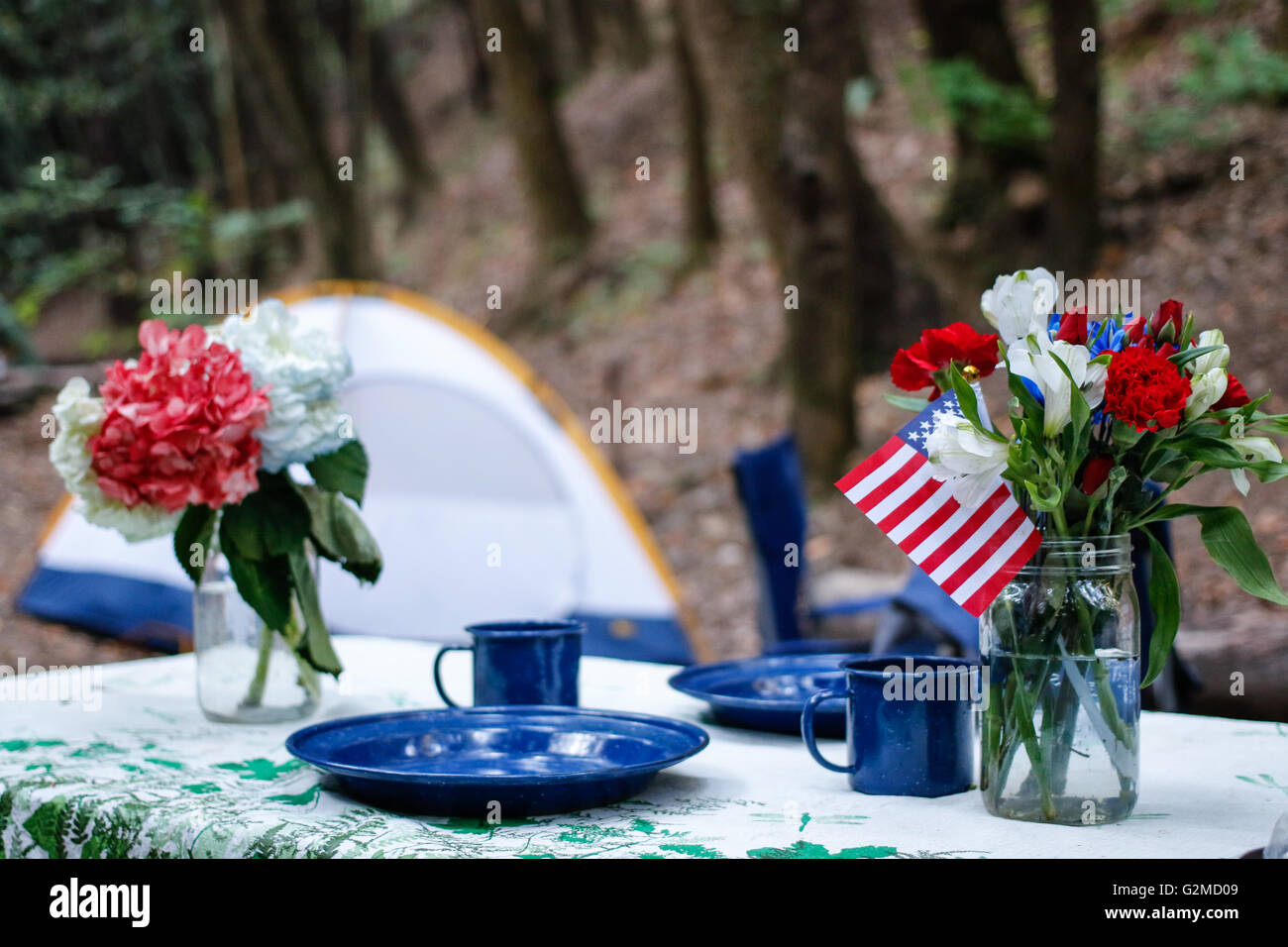 Tabella per il campeggio con bandierine americane Foto Stock