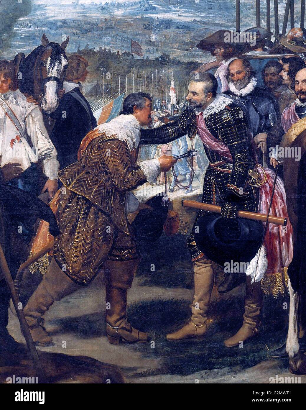 Dettagli dalla rinuncia di Breda, dallo spagnolo della Golden Age pittore Diego Velázquez. Essa è stata completata durante gli anni 1634-35, ispirato da Velázquez in visita in Italia con Ambrogio Spinola, il generale genovese che ha vinto la Breda il 5 giugno 1625 Foto Stock