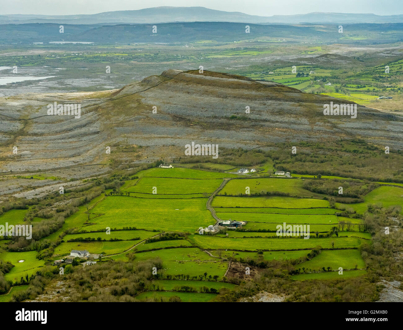 Vista aerea, Burren, verdi pascoli di mucche e pecore, riserva naturale, calcare, Chalk Formazione, Mullaghmore Burren County C Foto Stock