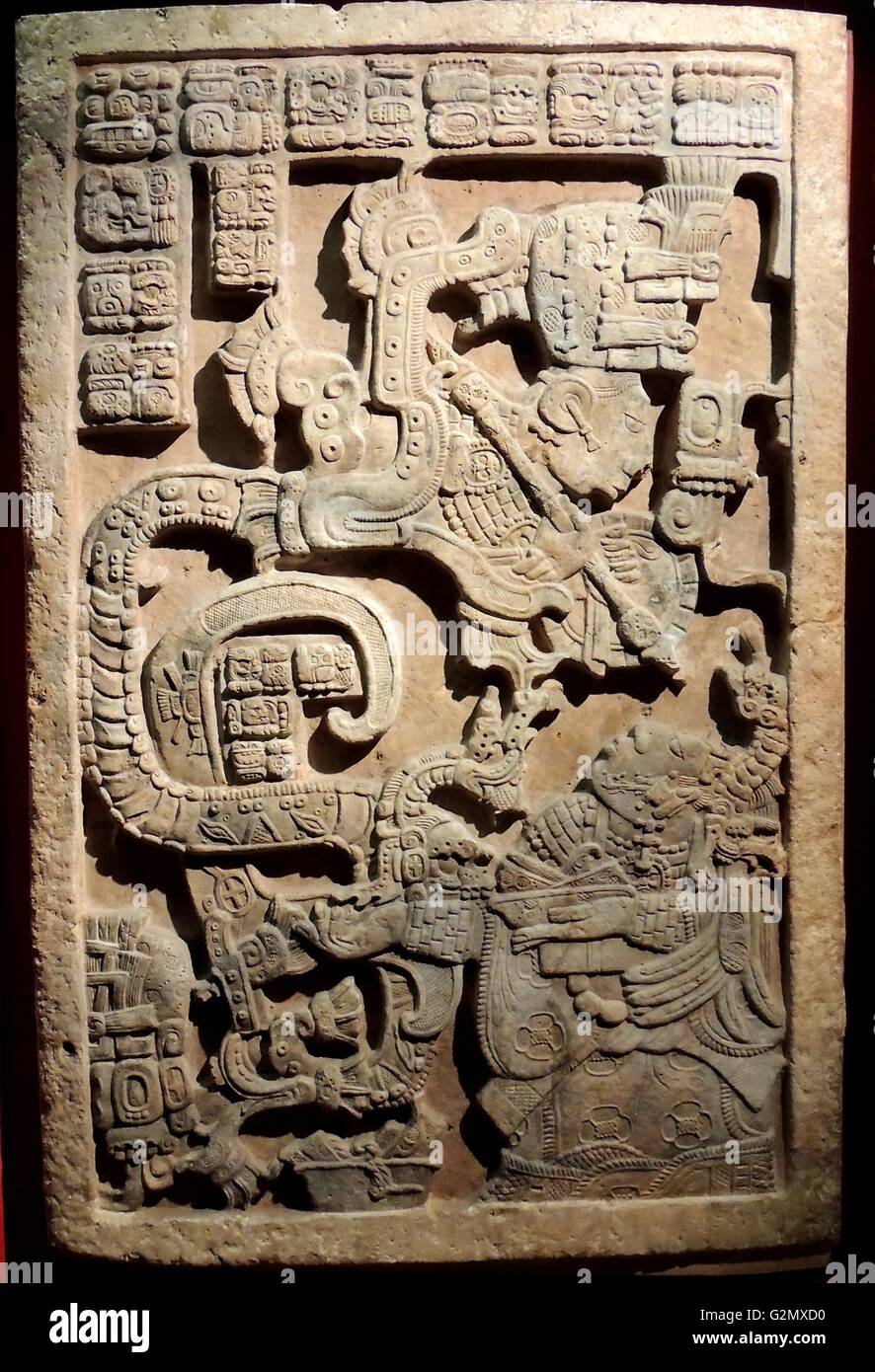 Architrave 725 A.D. Mayan. Yaxhilan, il sacrificio di sangue evoca un visionario manifestazione di Yat-Balam. Foto Stock