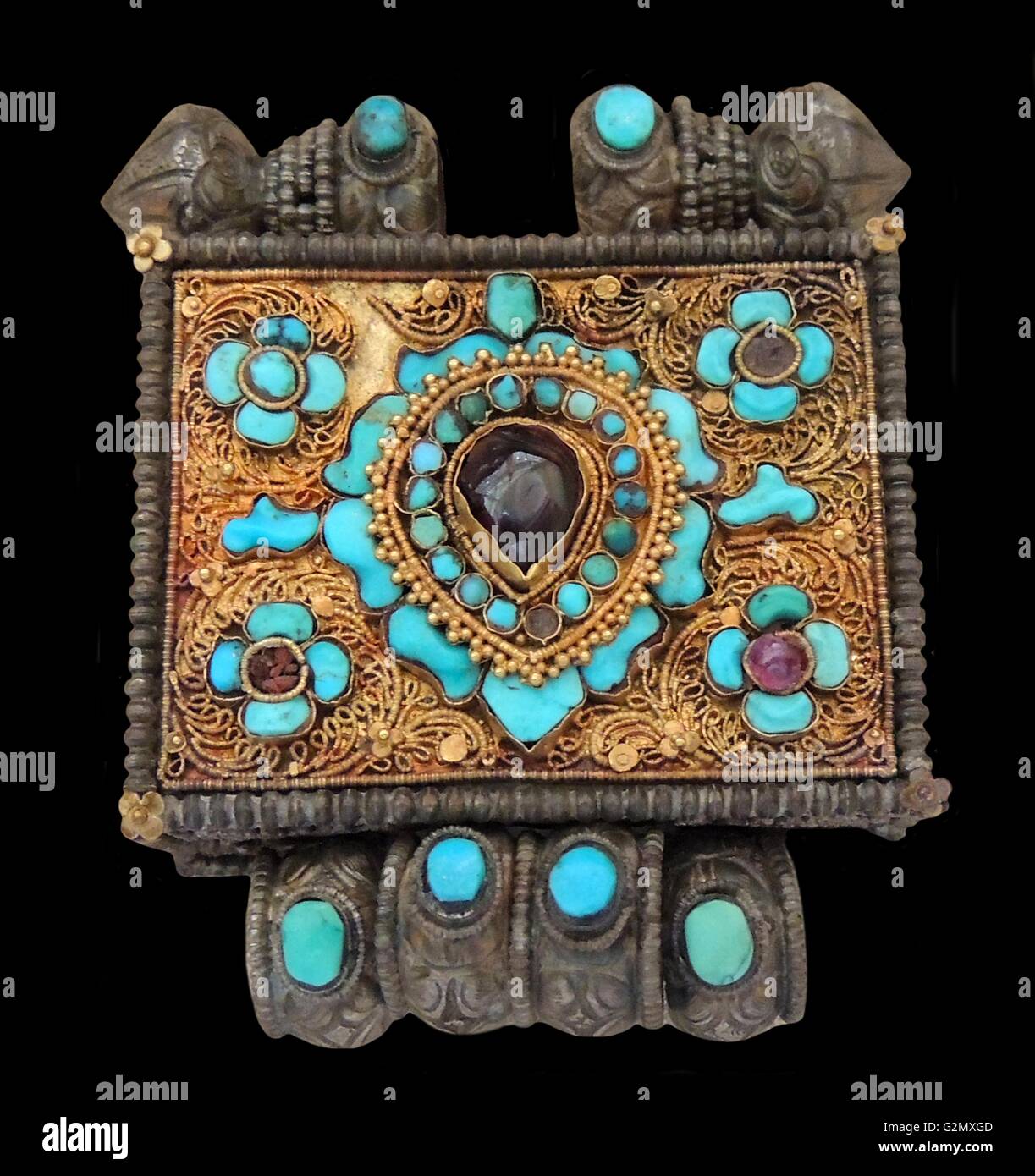 Amulet caso dal Tibet, XVIII secolo D.C. Questi portato una immagine di argilla o di una parte di un testo sacro. Foto Stock