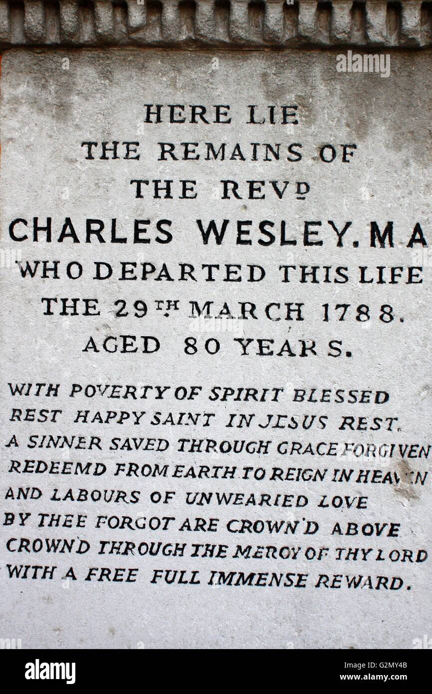 Qui si trovano i resti del Reverendo CHARLES WESLEY, ma chi se ne andò da questa vita il 29 marzo 1788, di 80 anni. Egli era un inglese un leader del movimento metodista, figlio di un pastore anglicano e poeta Samuel Wesley, il fratello più giovane di un pastore anglicano John Wesley e ecclesiastico inglese Samuel Wesley. Foto Stock