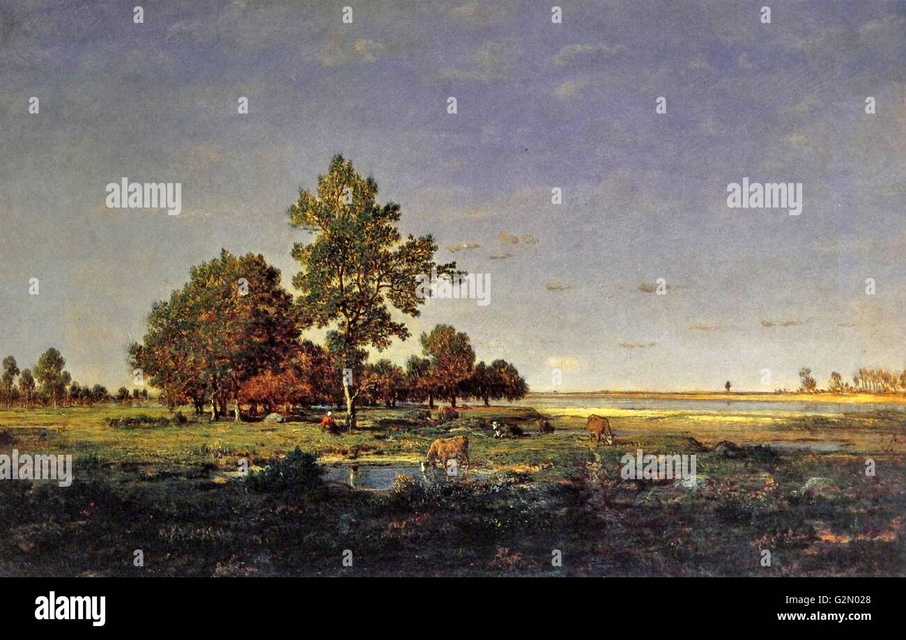 Olio su legno dipinto dall'artista francese Theodore Rousseau (15 Aprile 1812 - 22 dicembre 1867) lavoro intitolato "un boschetto di alberi". Completato il 1855 Foto Stock