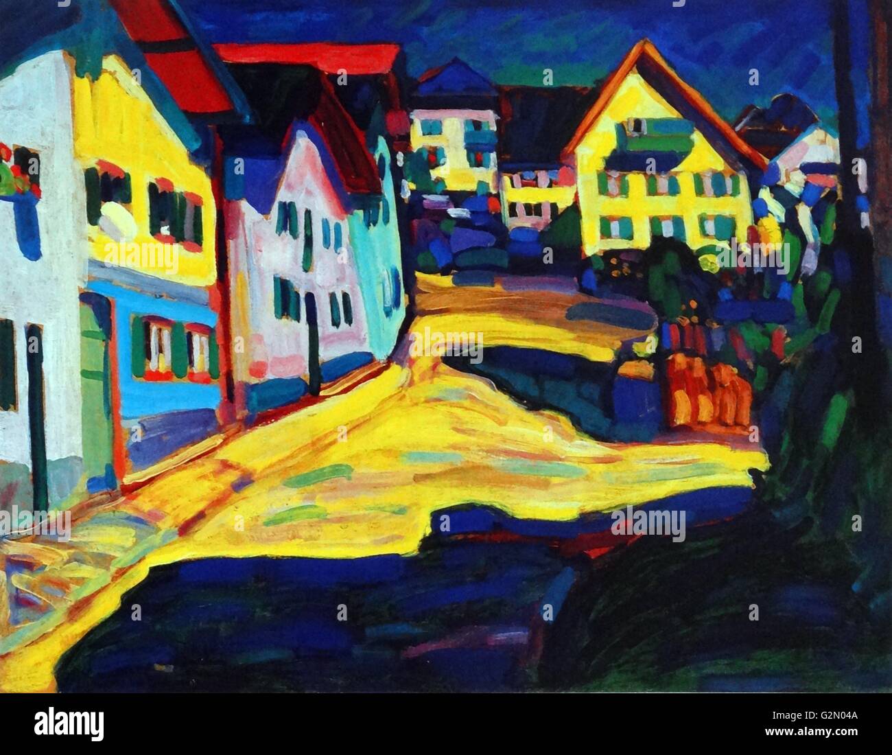 Olio su carta dipinto dall'artista russo Wassily Kandinsky (16 dicembre 1866 - 13 dicembre 1944) lavoro intitolato "case di Murnau'. Completata tra il 1908 e il 1809. Foto Stock