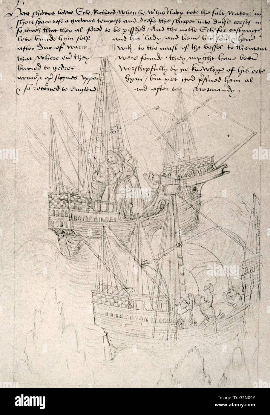 Richard de Beauchamp, xiii conte di Warwick, 1382 - 1439 e il suo equipaggio di pregare per la salvezza mentre la vela nei pressi di rocce. Rotolo di Rous manoscritto 1480 Foto Stock