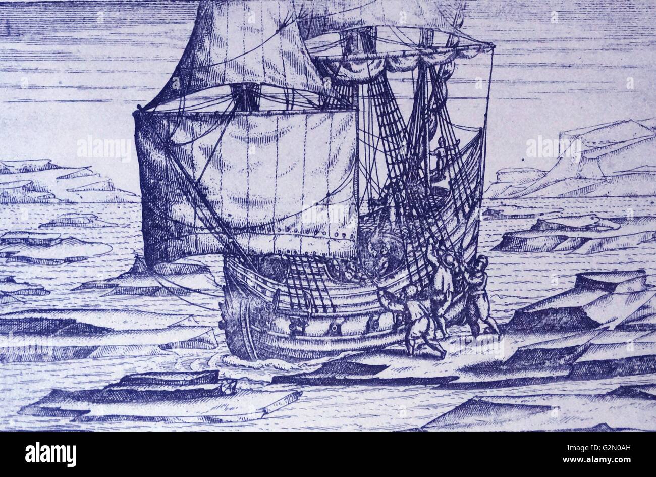 Van di barentz viaggi da Gerrit de veer 1598 ghiaccio in chiusura sulla nave. Willem Barentsz (William Barents Barentz o) (c. 1550 - 20 giugno 1597) navigatore olandese, cartografo, e Arctic explorer. Egli è andato in tre spedizioni all'estremo nord nella ricerca di un passaggio a nordest. Durante la sua terza spedizione l equipaggio fu arenati su Nova Zembla per quasi un anno. Barentsz morì sul viaggio di ritorno nel 1597. Nel XIX secolo il Mare di Barents è stato chiamato dopo di lui. Foto Stock