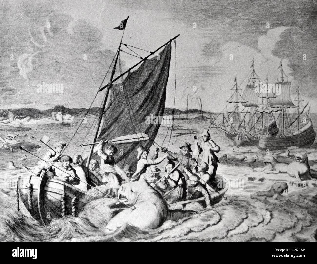 Caccia al tricheco nova Zembla 1596. Willem Barentsz (William Barents Barentz o) (c. 1550 - 20 giugno 1597) navigatore olandese, cartografo, e Arctic explorer. Egli è andato in tre spedizioni all'estremo nord nella ricerca di un passaggio a nordest. Durante la sua terza spedizione l equipaggio fu arenati su Nova Zembla per quasi un anno. Barentsz morì sul viaggio di ritorno nel 1597. Nel XIX secolo il Mare di Barents è stato chiamato dopo di lui. Foto Stock