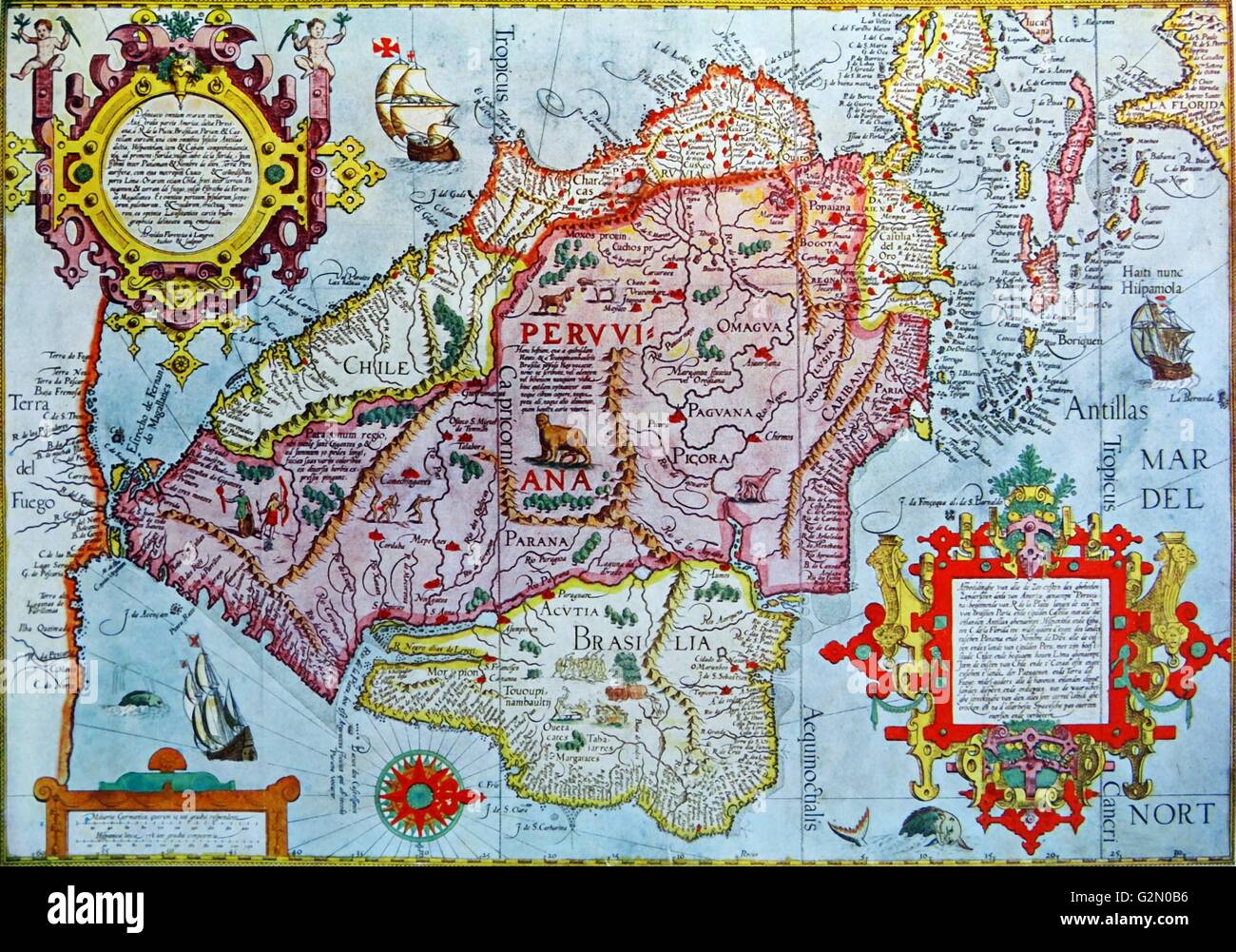 Mappa di Perù arnoldus florentius 1599 Foto Stock