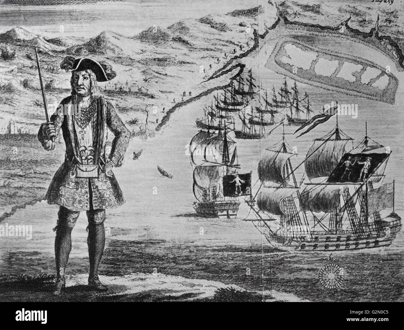 Bartholomew Roberts con la sua nave e catturato le navi mercantili in background. Una incisione su rame di una storia del Pyrates dal capitano Charles Johnson c. 1724. Bartholomew Roberts (17 maggio 1682 - 10 febbraio 1722), nato John Roberts, era un pirata gallese che hanno razziato navi off nelle Americhe e in Africa occidentale tra il 1719 e il 1722 Foto Stock