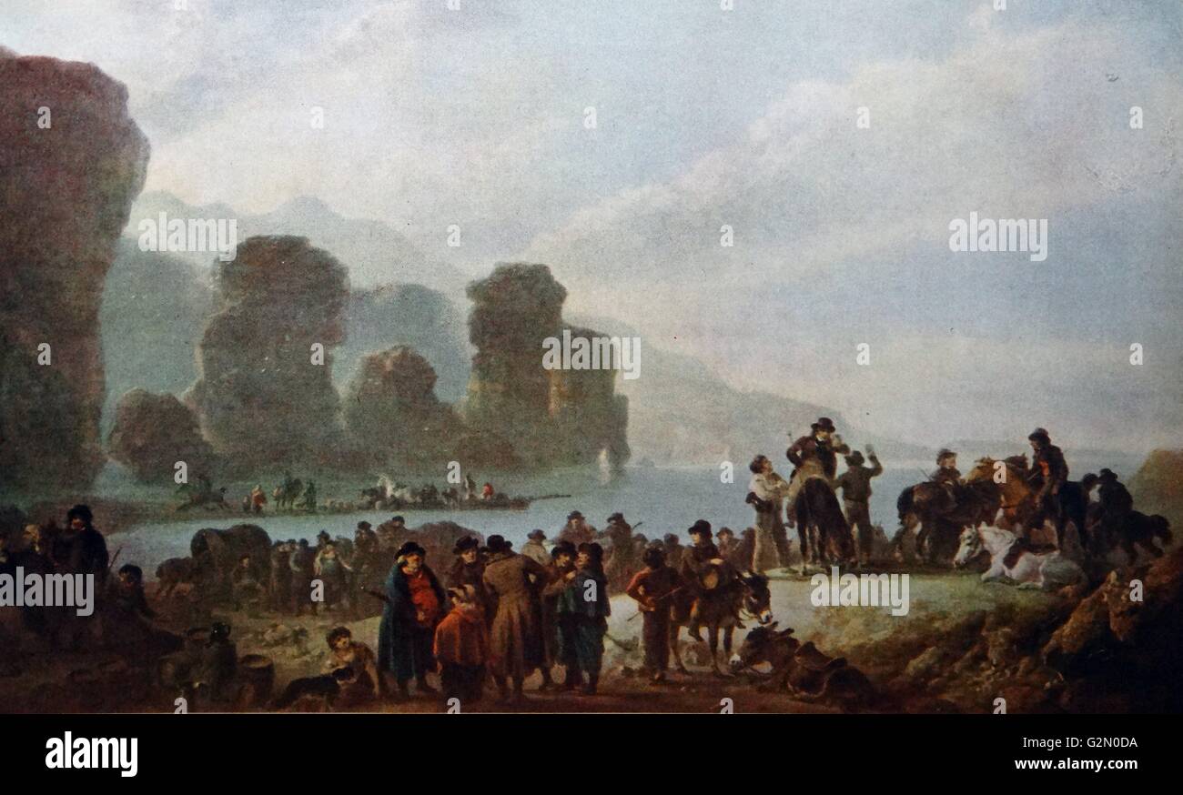 Smugglers sulla costa irlandese 1808. Dipinto da Julius Caesar Ibbetson. Botti di liquore di contrabbando scaricato da una barca ormeggiata in ingresso rocciose Foto Stock