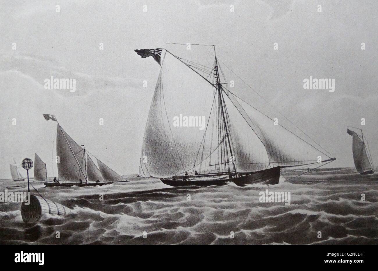 Stampa di entrate H.M.Cutter "vigili" il traino della motonave "Alfred' di Londra, un premio di valore, catturato xvii Decr. 1828 avente a bordo 1010 semi-Ankers di contrabbando spiriti catturato xvii dic. 1828 avente a bordo 1010 semi-Ankers di spiriti di contrabbando nascoste sotto un carico inerziale. Foto Stock