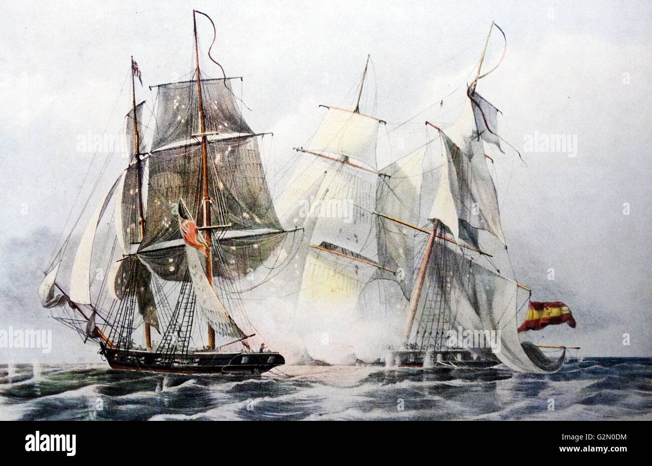 La cattura del spagnolo nave Slave Dolores da H.M. nave il Ferret, Captn. James Stirling, circa 1816 G.F. Lambart dopo William J. Huggins Foto Stock