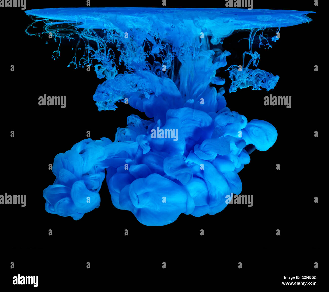 Inchiostro blu in acqua creazione astratta Shape, isolati su sfondo nero Foto Stock
