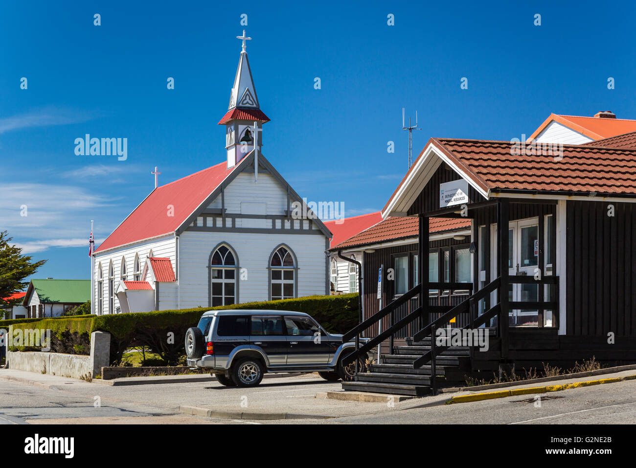 La Basilica di Santa Maria della cattolica Chiesa esterno a Stanley la capitale delle Isole Falkland su East Falkland, British Overseas Territ Foto Stock