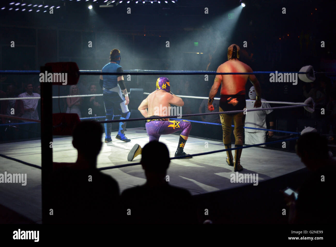 Lucha Libre lottatori posa per il pubblico prima di una partita in un club di San Diego, California / © Craig M. Eisenberg Foto Stock