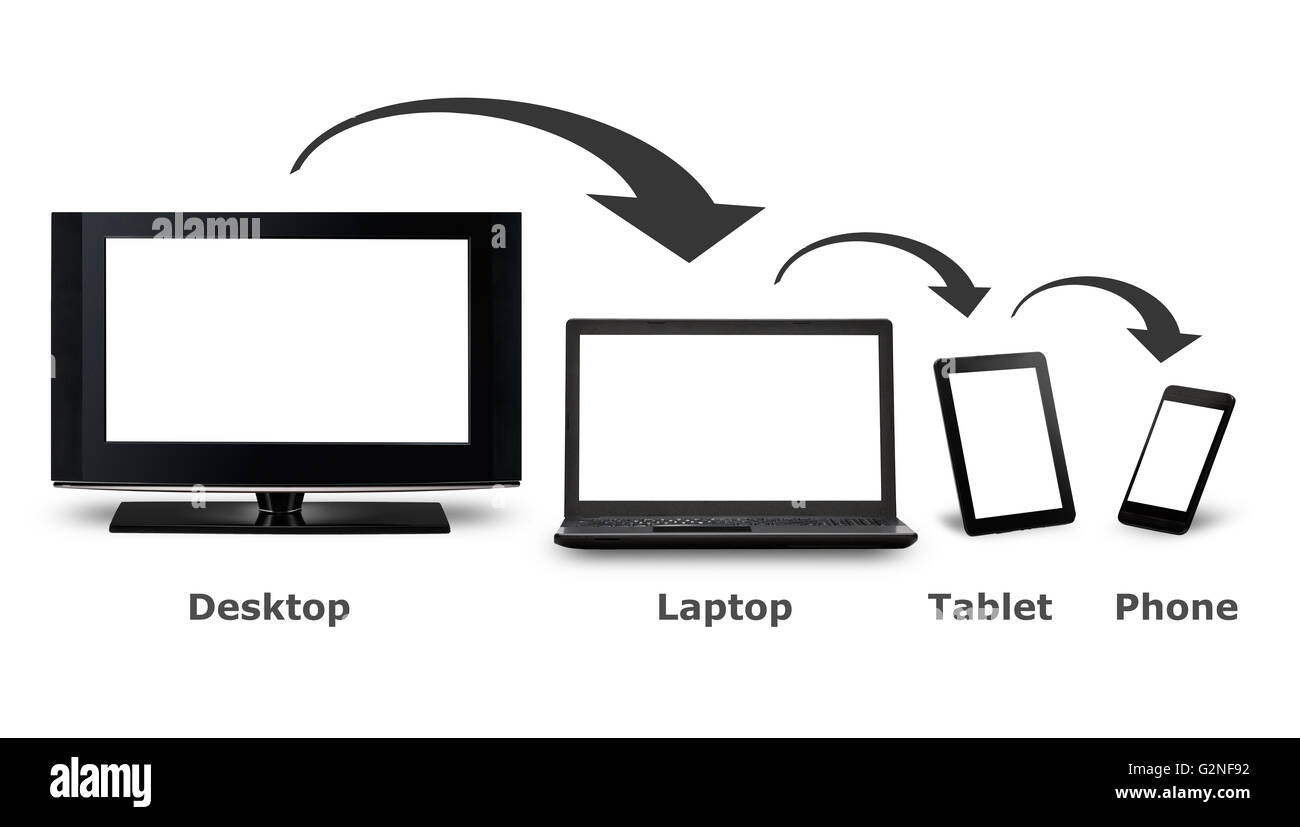 Risponde il web design su dispositivi mobile phone, laptop e tablet pc Foto Stock