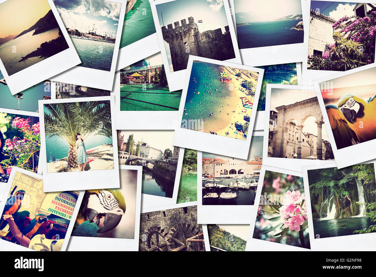 Mosaico con immagini di diversi luoghi e paesaggi, ripresi da me, simulando una parete di istantanee caricati ne sociale Foto Stock