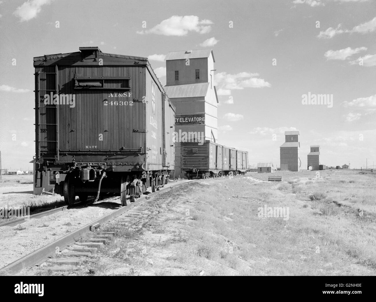 I treni merci e elevatori delle granaglie,Dumas, Texas, Stati Uniti d'America,Arthur Rothstein per la Farm Security Administration (FSA),Luglio 1936 Foto Stock