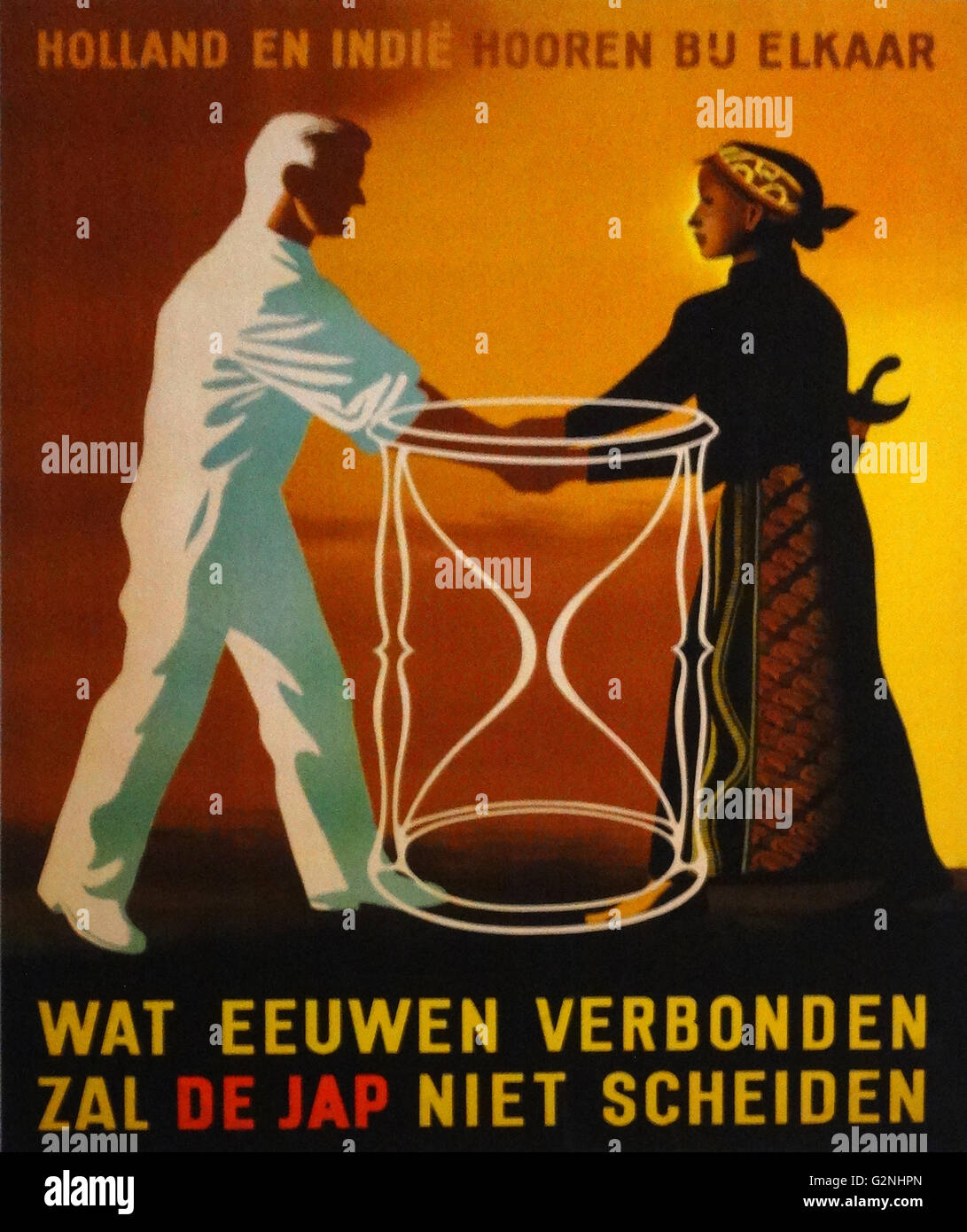 Olandese propaganda bellica poster 1942: : Olanda e indie (Indonesia) per ogni altro. Cosa secoli collegato il giapponese non si rompono Foto Stock