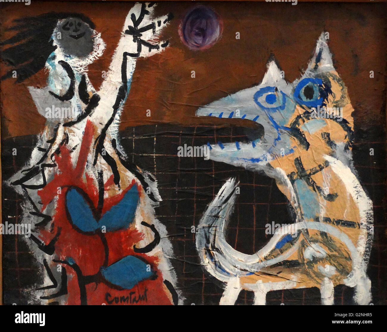 Lavoro intitolato ragazza e cane da costante Anton Nieuwenhuys (1920-2005) meglio conosciuto come costante è stato un pittore olandese, scultore, artista grafico, autore, musicista e architetto. Olio su carta su Cartoncino. Foto Stock
