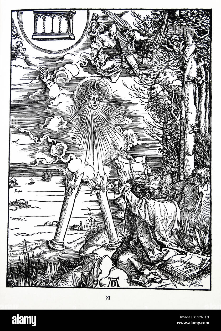 Martin Lutero: Prefazione alla rivelazione di Giovanni ( 1522): Vorrede zur Offenbarung Johannes (1522). Apocalisse nelle figure; Xilografia da Albrecht Dürer; San Giovanni divorando il libro presentato dall'Angelo. L'Apocalisse di San Giovanni Foto Stock