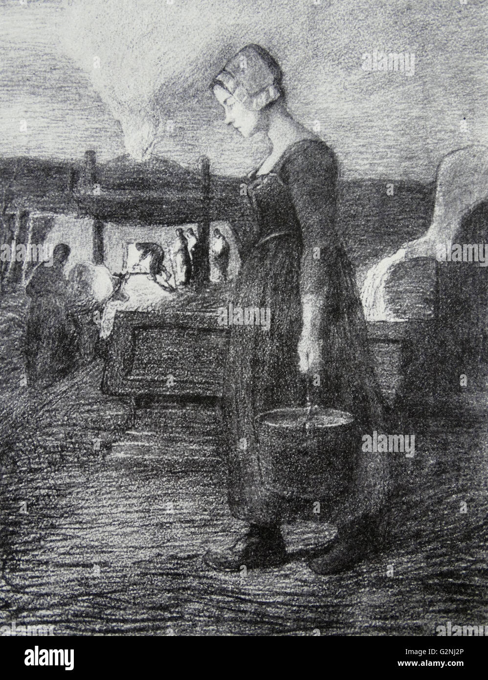 Disegno di una ragazza ad opera di Giovanni Segatini (1858-1899), pittore italiano noto per i suoi grandi paesaggi pastorali delle Alpi. Più avanti nella vita ha combinato un Divisionismo stile della pittura simbolista con immagini della natura. Egli è stato attivo in Svizzera per la maggior parte della sua vita. Foto Stock