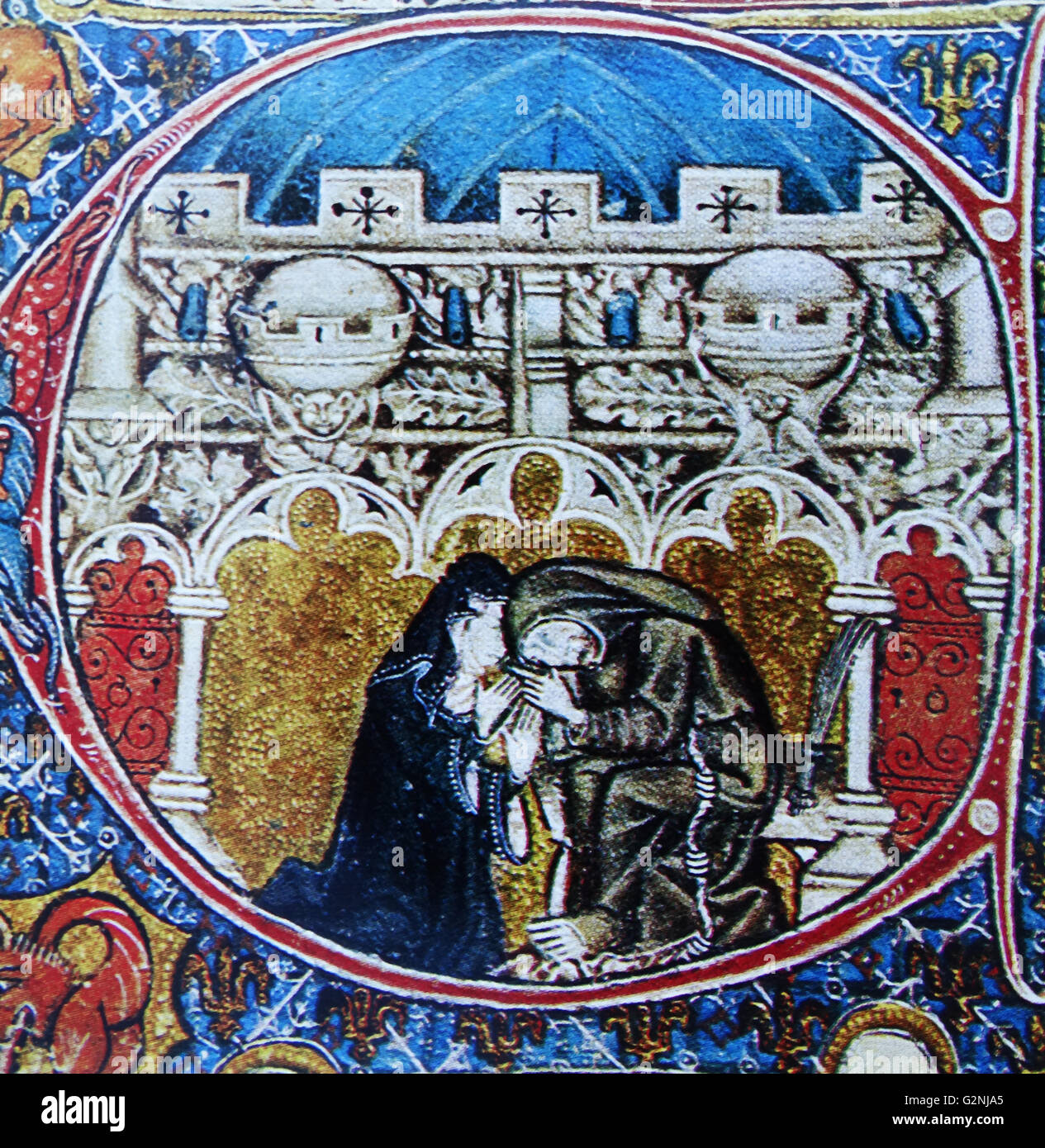 Illuminazione di un frate francescano audizione confessione di Clarisse. Dietro di lui è una betulla penitenziale-asta per la penitenza. Datata xi secolo Foto Stock