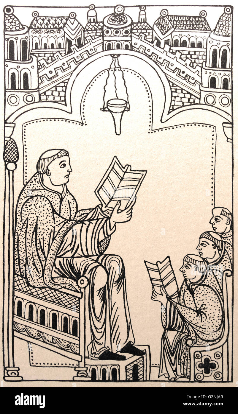 Manoscritto raffigurante Ugo di San Vittore (1096-1141) insegnamento. Un Saxon canon regolari e un leader teologo e scrittore sulla teologia mistica. Datato xii secolo Foto Stock