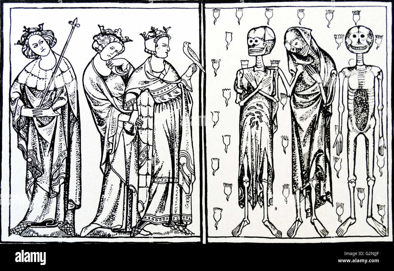 Disegno della linea da Lisle Salterio intitolato " i tre vivi e i tre morti". Datato xiv secolo Foto Stock