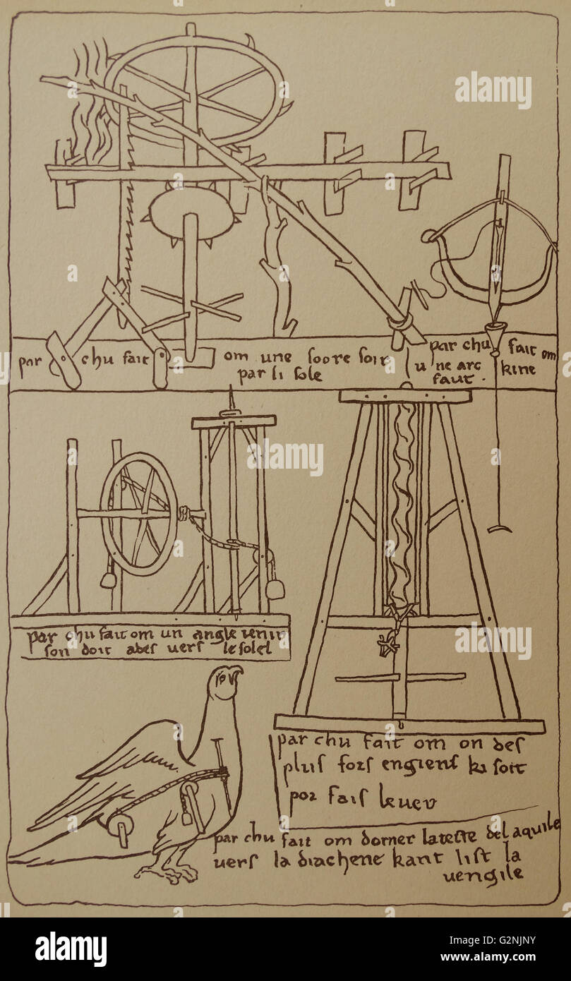 Schema di un meccanismo dietro un annuire eagle. La testa è stata progettata per il coro della cattedrale da Villard de Honnecourt. Datata xiii secolo Foto Stock