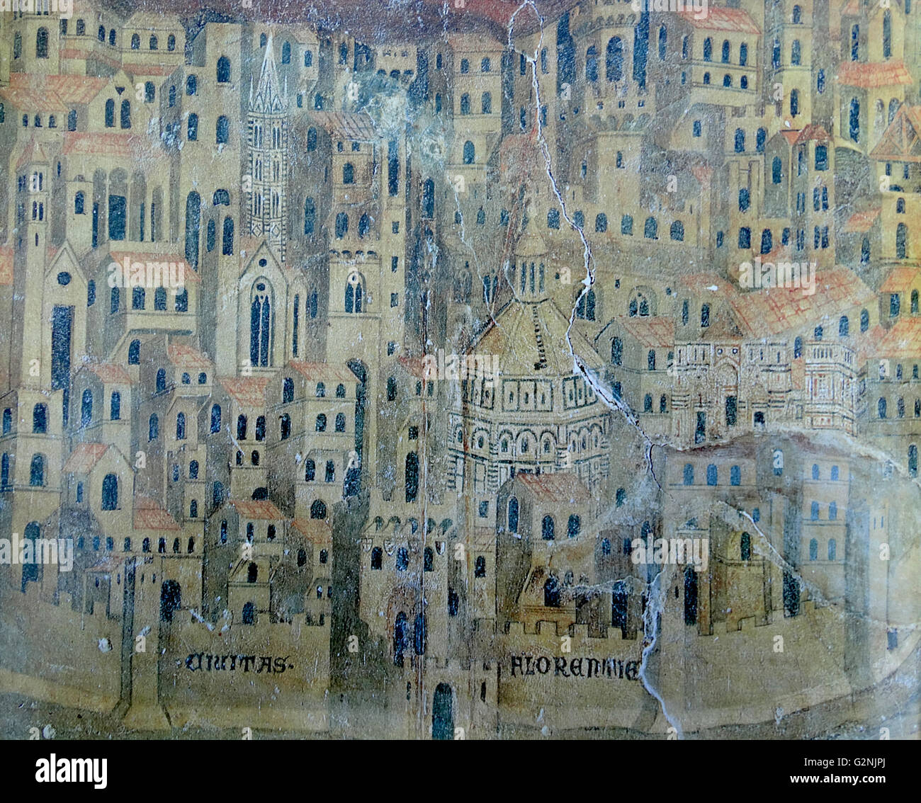 Affresco raffigurante la città di Firenze. Il battistero a pianta ottagonale al centro la torre della Badia a sinistra e il Palazzo Vecchio dietro. Datata xv secolo Foto Stock