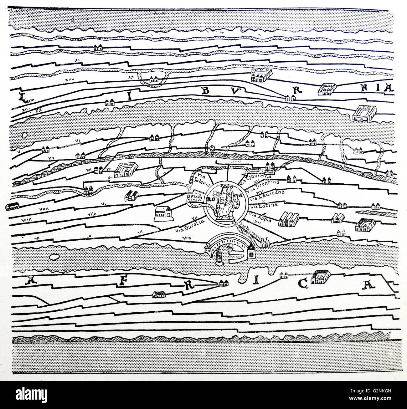 Una porzione di una vecchia romana mappa del mondo, mostrando le strade attraverso l'impero, i fiumi, le montagne e il mare circostante. Foto Stock
