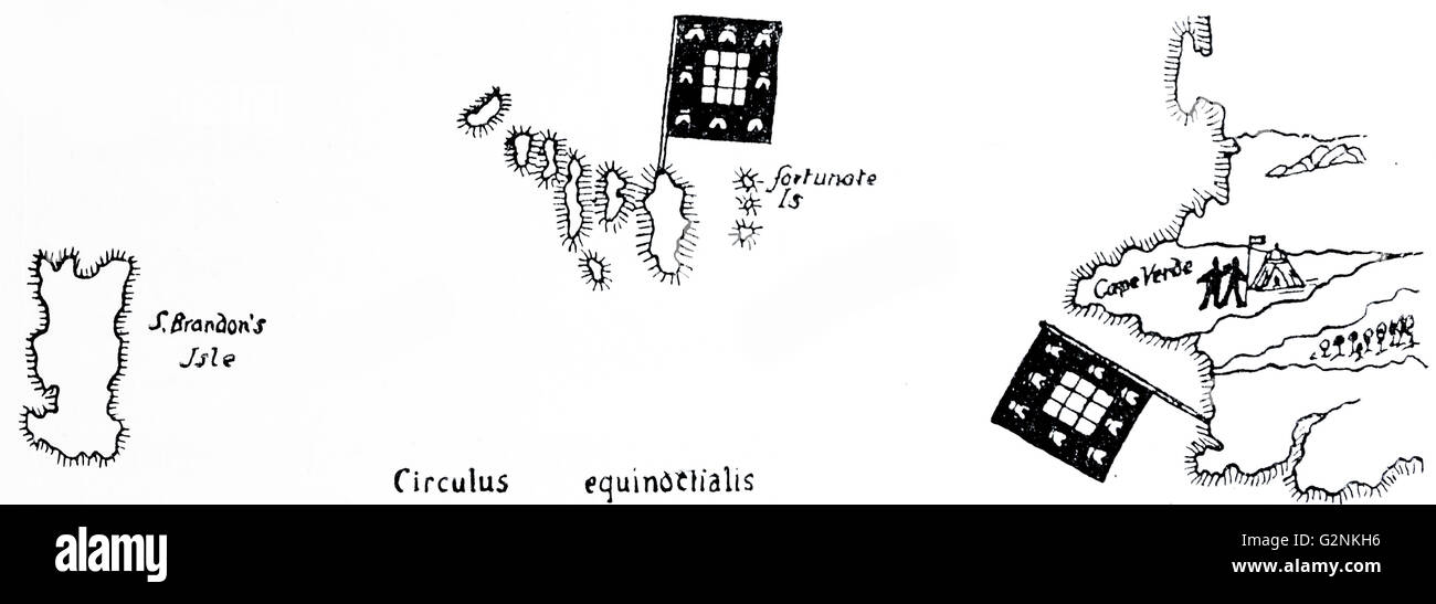 La misteriosa isola di San Brendon in Martin Behaim Mappa del 1492. Foto Stock