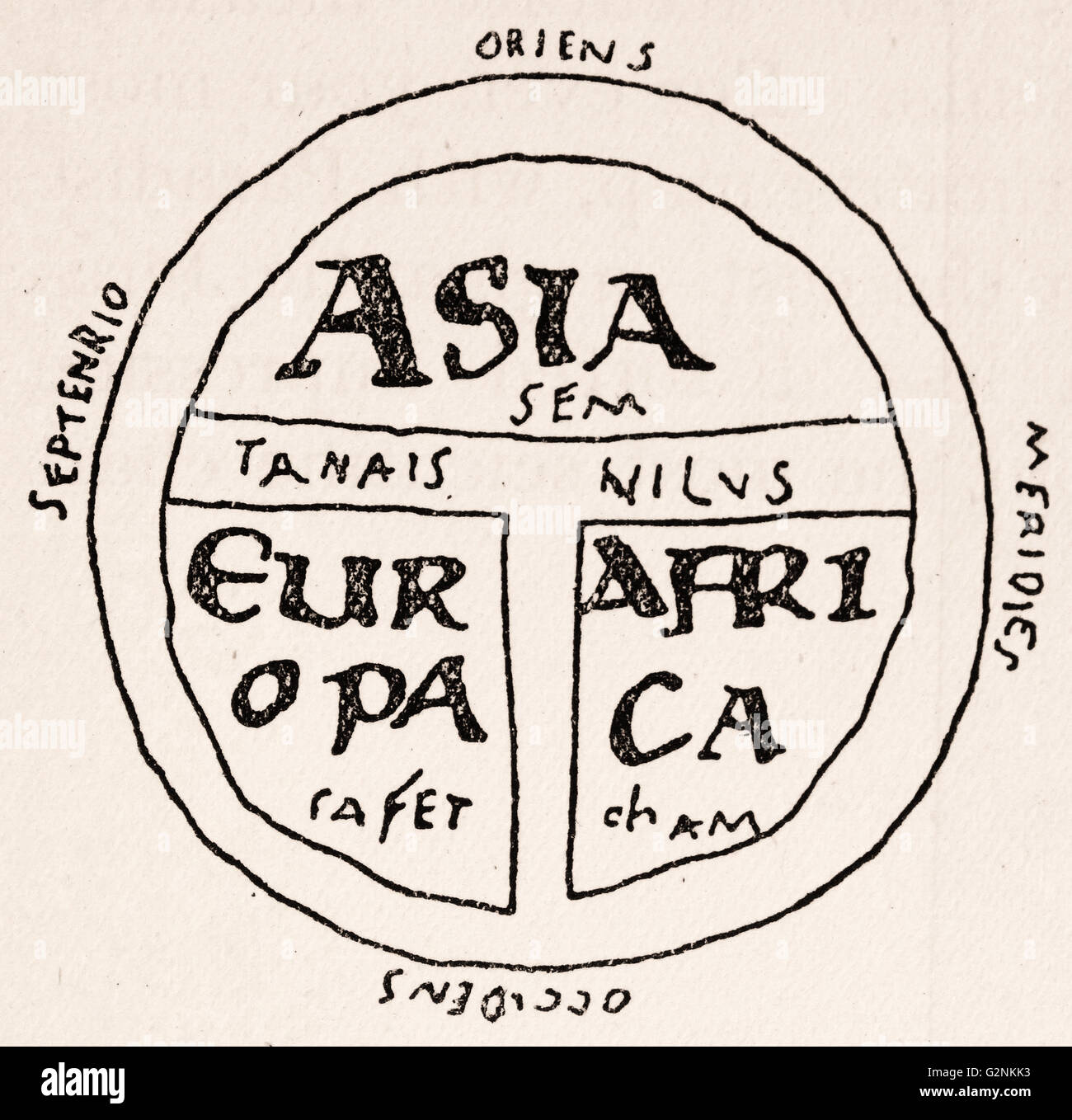 Una T-mappa, mostra noti tre continenti su una terra piatta proiezione dal XIII secolo. Foto Stock