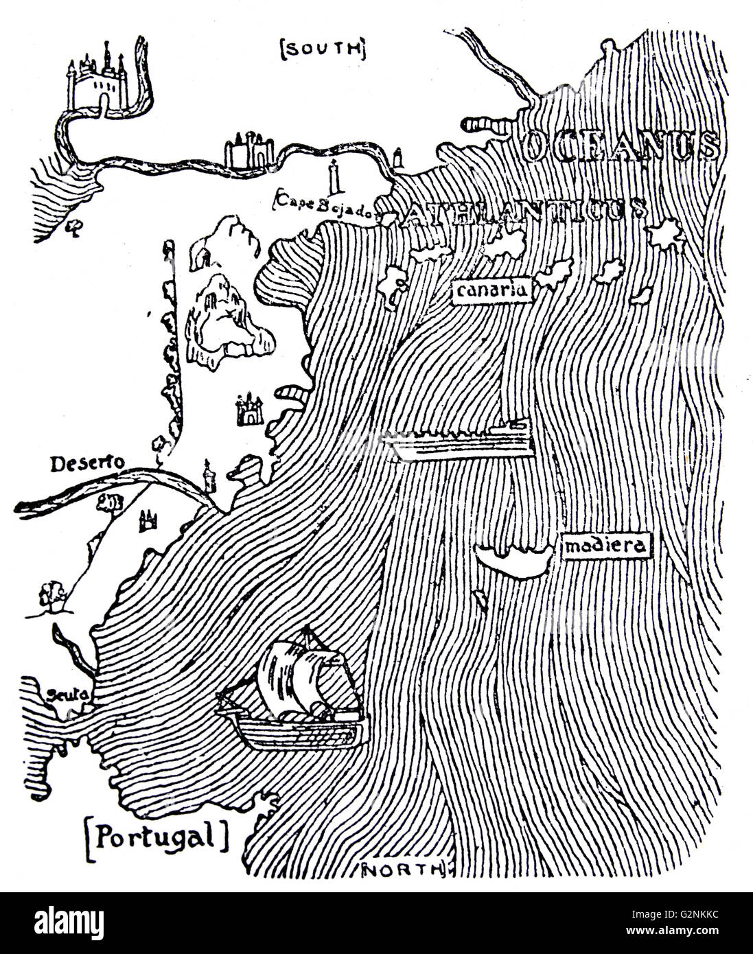 Africa - da Ceuta a Madera, le isole Canarie e il Capo Bojador. Da Fra Mauro la mappa, 1457. Foto Stock