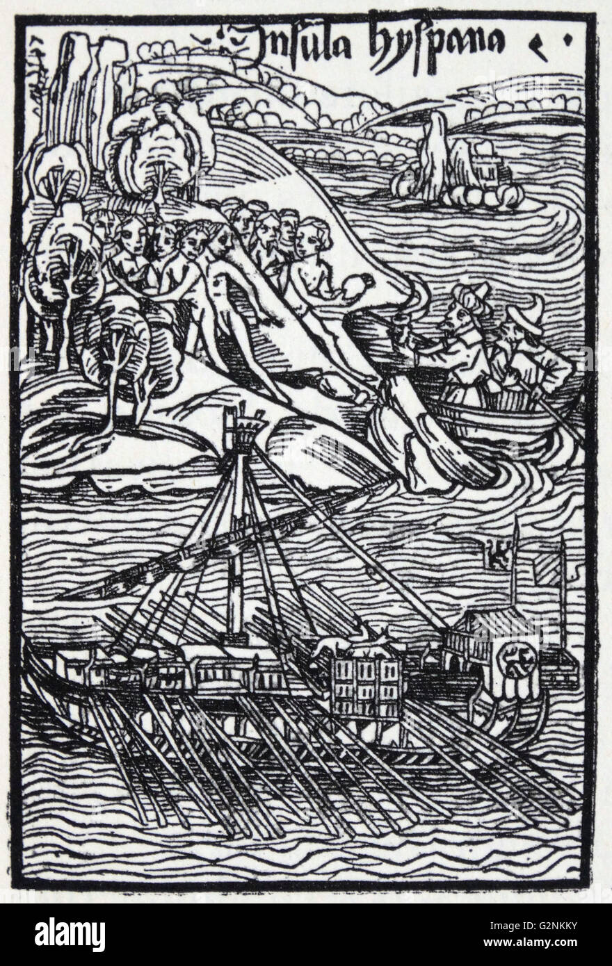 Columbus (1451-1506) lo sbarco su Hispaniola. Da una xilografia di 1494. Foto Stock