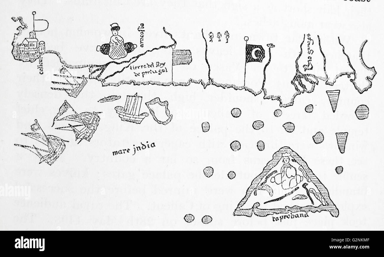 Calicut meridionale e la costa indiana. Da Juan de la cosa la mappa, 1500. Foto Stock