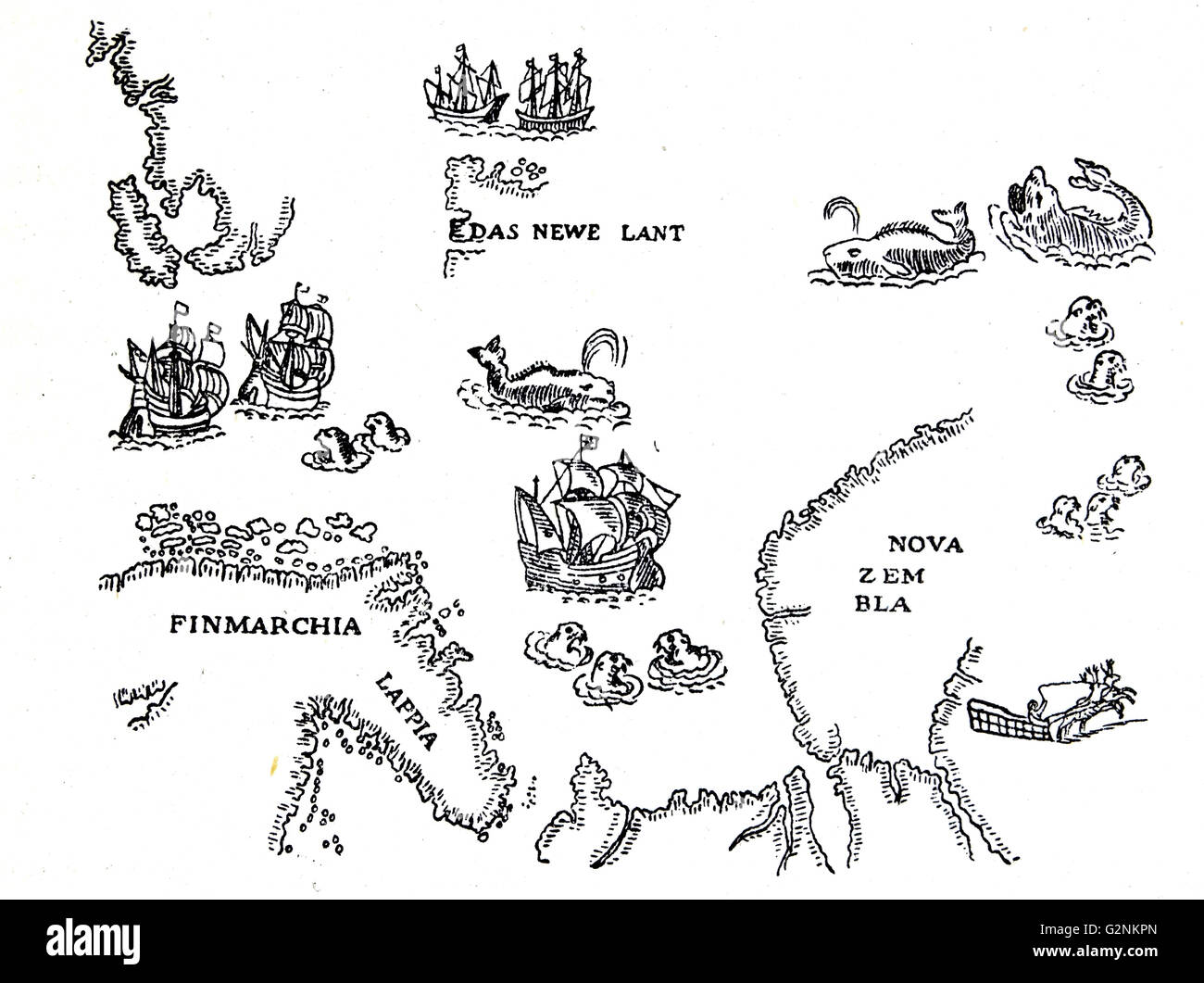Nova Zembla e le regioni artiche. Da una mappa in De Bry's Grand Voyages, 1598. Foto Stock