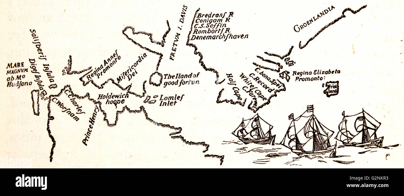 Henry Hudson (1565-1611) mappa dei suoi viaggi nell'Artico. Hudson era un esploratore inglese e il navigatore che ha navigato a nord America del Nord per quattro volte. Dal suo libro pubblicato 1612 Foto Stock