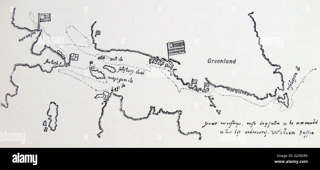 William Baffin (d. 1622), inglese navigator e explorer. Mappa dei suoi viaggi a nord. Dal manoscritto originale, redatti da Baffin. Foto Stock