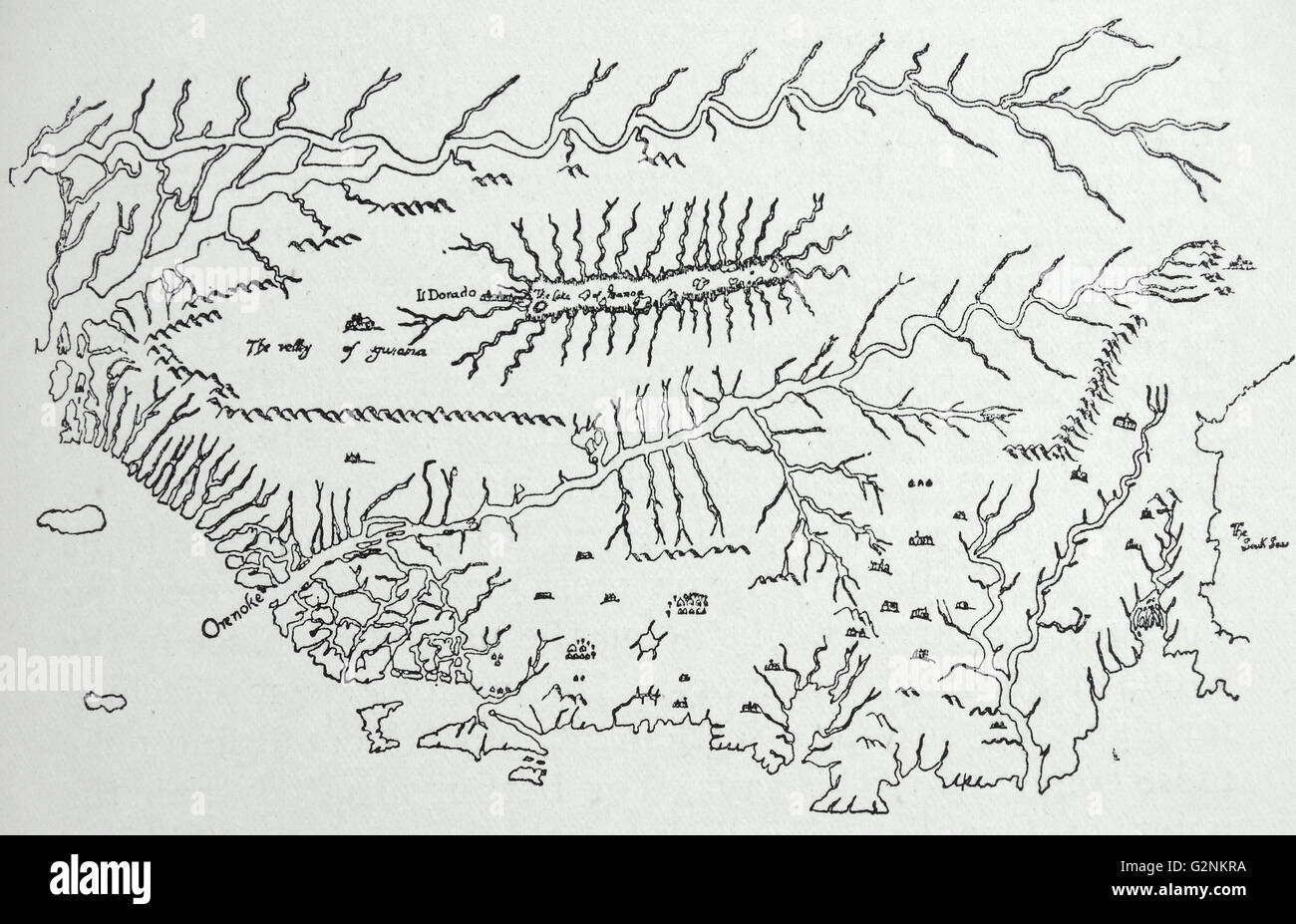 Raleigh la Mappa di Guinea, El Dorado e la costa di Orinoco. Dalla mappa originale, disegnato da Raleigh. Questa mappa è tracciata capovolta, Sud essendo in corrispondenza della parte superiore e l'Est sulla sinistra mentre l istmo di Panama è in fondo a destra. Il fiume al di sopra del "Lago di Manoa' è l'Amazzonia. Foto Stock
