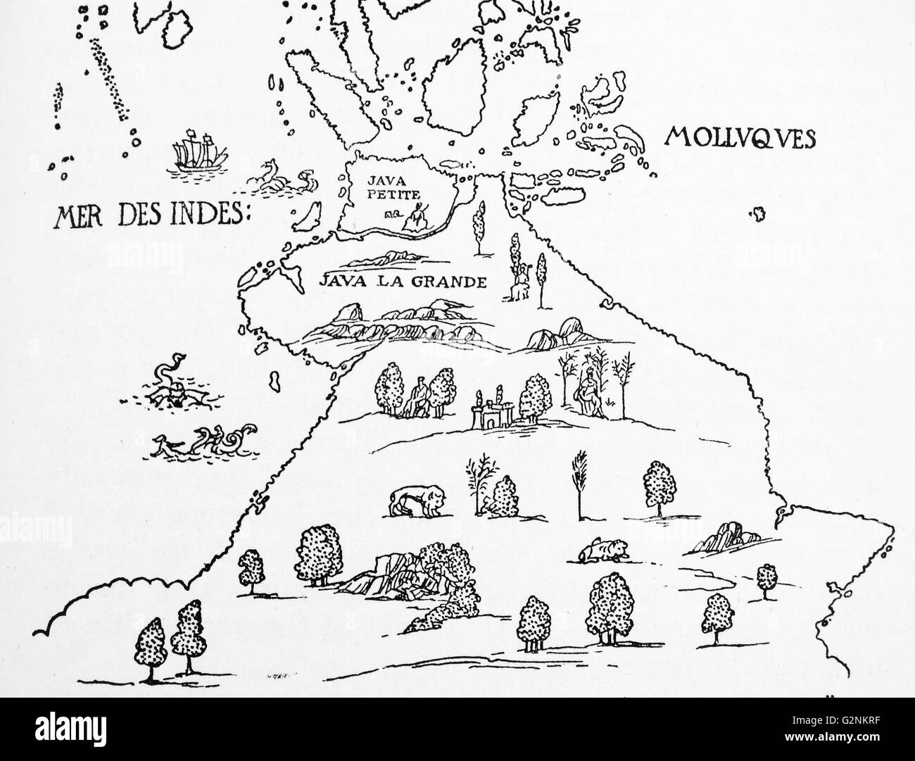 Un inizio mappa di 'Terra Australis', chiamato "Java La Grande' nella sua presunta parte orientale. Dalla 'Dauphin' mappa di 1546. Foto Stock
