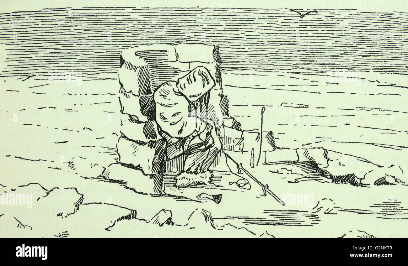 Un eschimese guardando un foro di tenuta. A partire da un disegno in parata il secondo viaggio per un passaggio a nord-ovest, 1824. Foto Stock